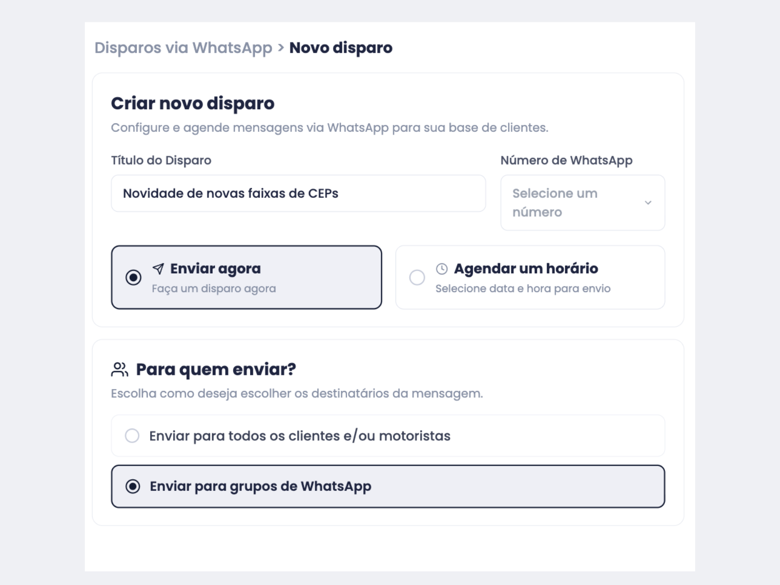 Disparos e agendamentos no WhatsApp