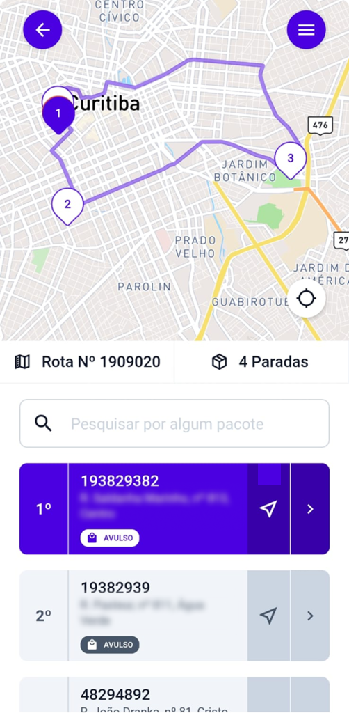 Rota no app do motorista
